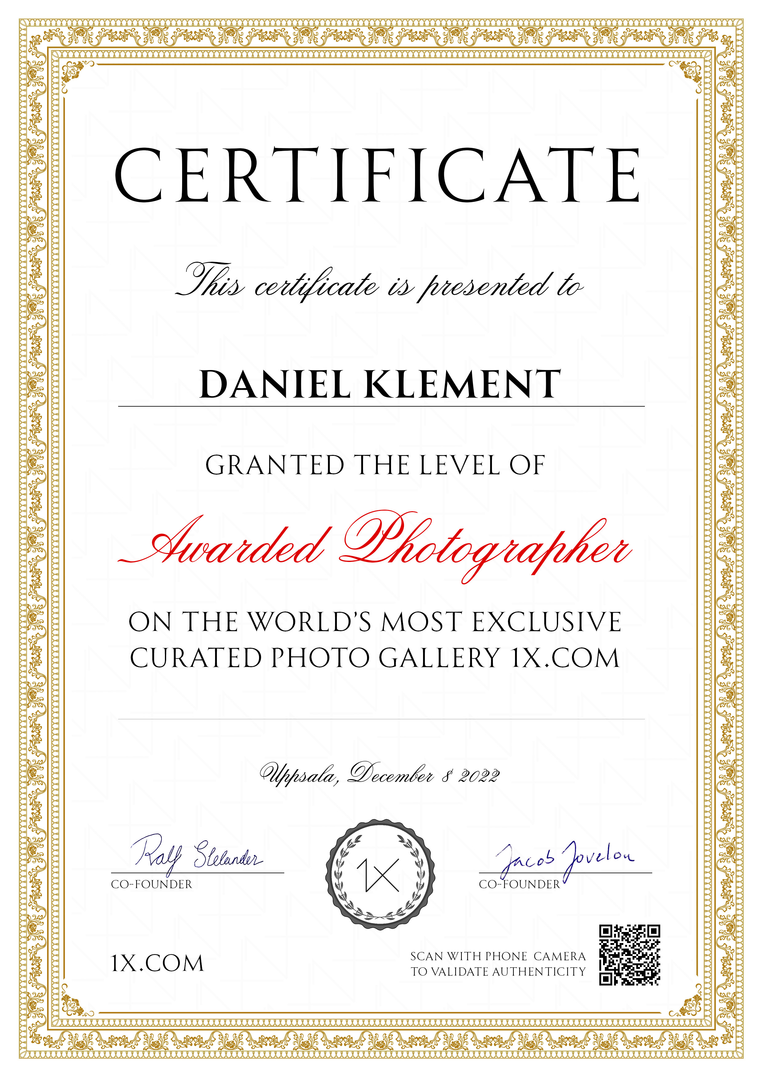 1x.com Awarded Photographer Certificate